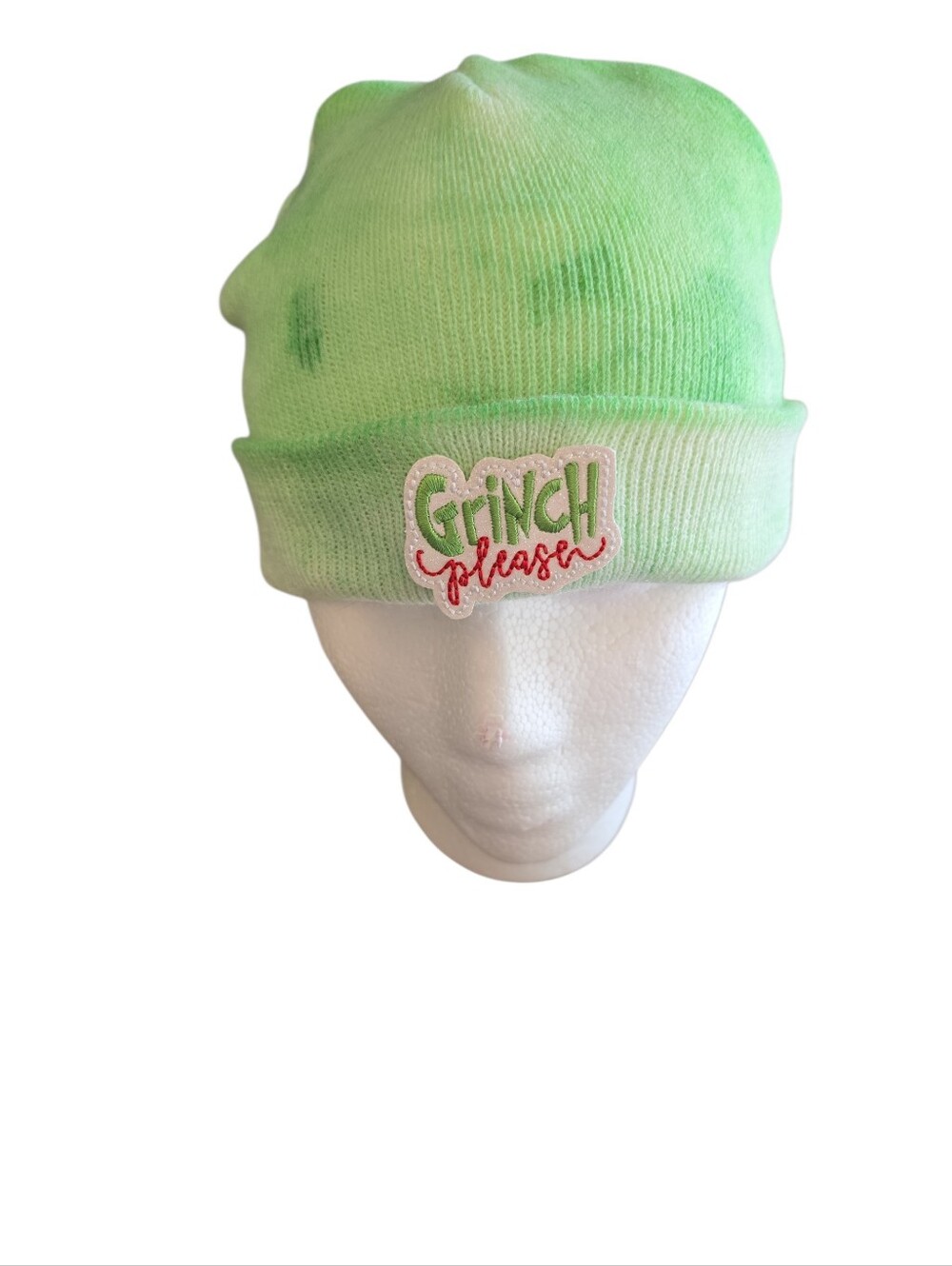 Grinch Pleaser Beanie Knit Hat Embroidered Patch Tie Dyed Green